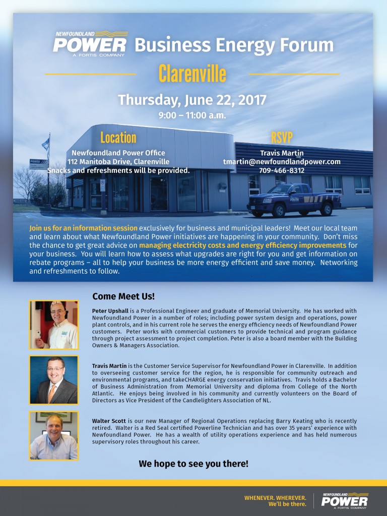 Newfoundland Power Clarenville Business Energy Forum Invite